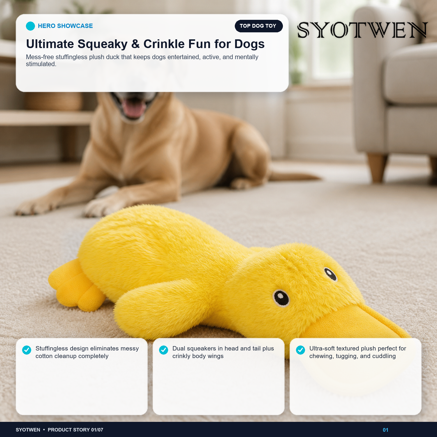 SYOTWEN Stuffingless Squeaky Plush Duck Interactive Dog Chew Toy